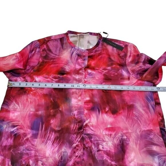 T Tahari Womens blouse Driya Pink Satin Printed Workwear Size XL snap button new - Picture 13 of 16